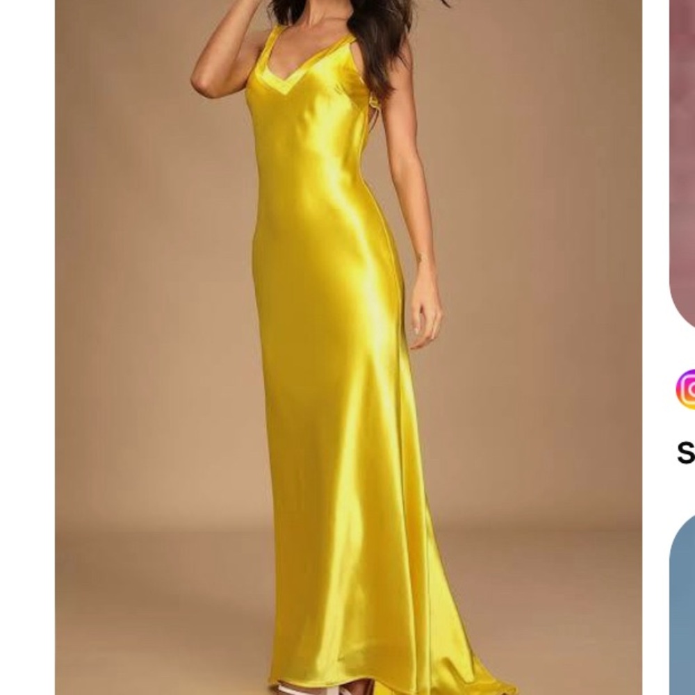 Lulus Perfectly Classic Yellow Satin Strappy Maxi Dress Size S NWT
